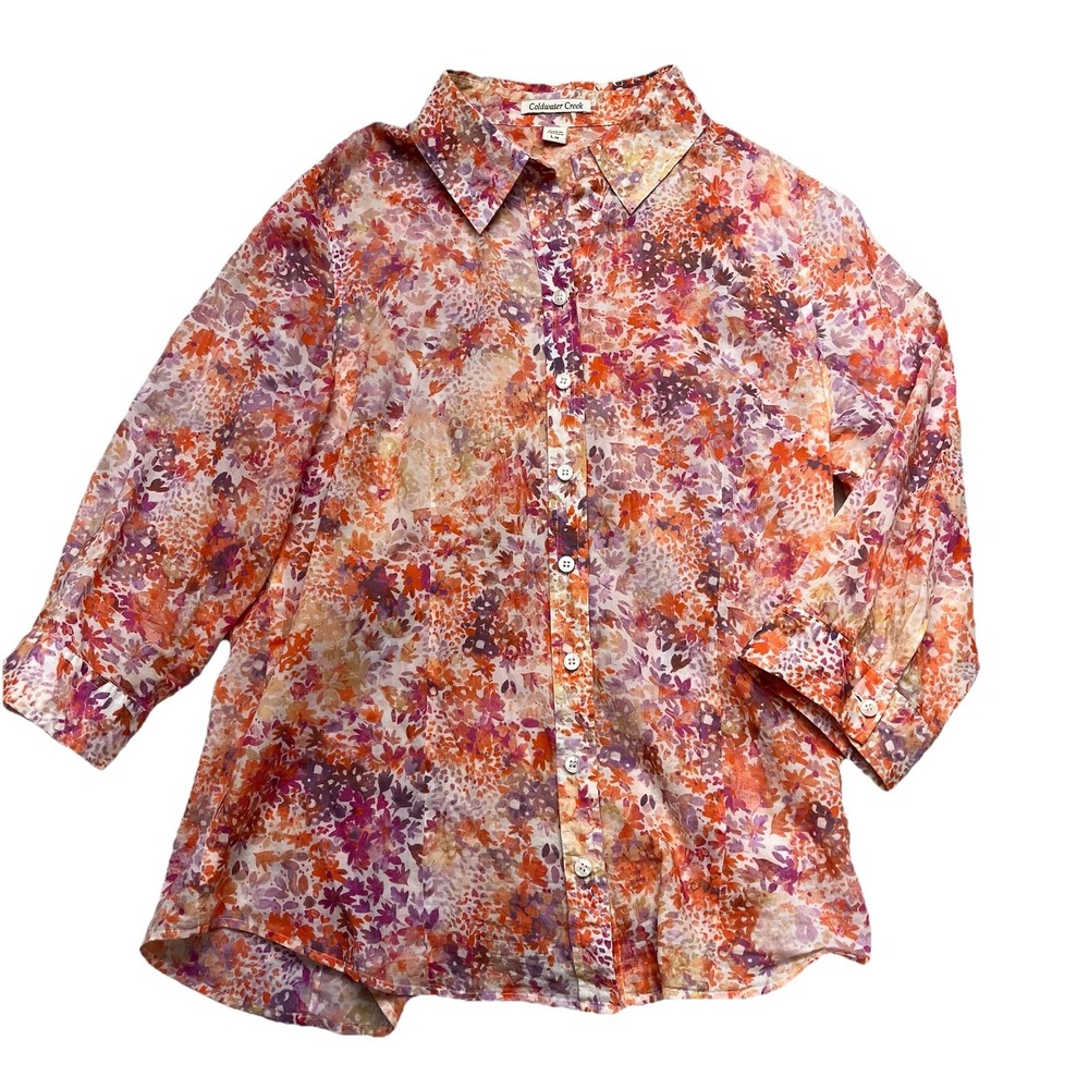 Coldwater Creek Tissue Cotton Button Up Top Size L Floral watercolor Garden-core